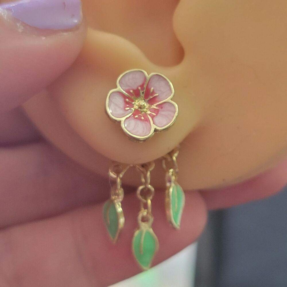 Pink green & gold tone cherry blossom post earrings